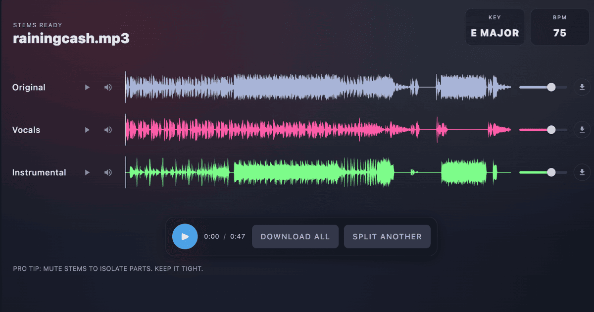 AI vocal remover splitting vocals and instrumental for rock and metal mixes (Human Mosh)